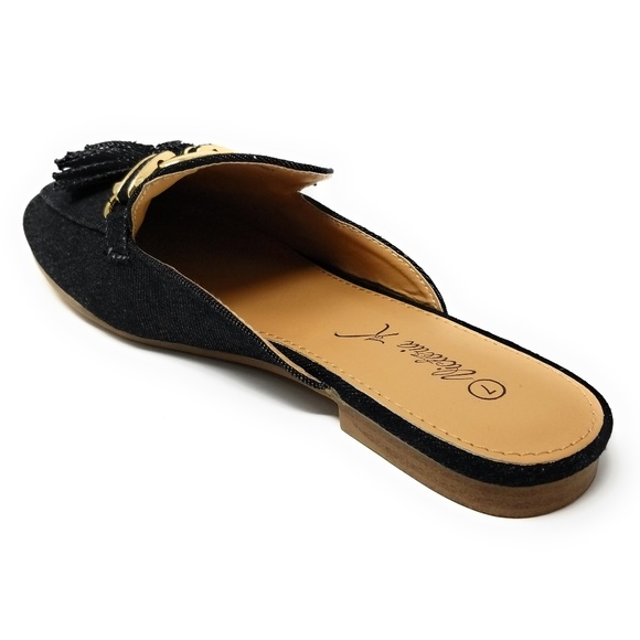 Women Denim Mules With Tassels, HK-7082, Black - Picture 3 of 3
